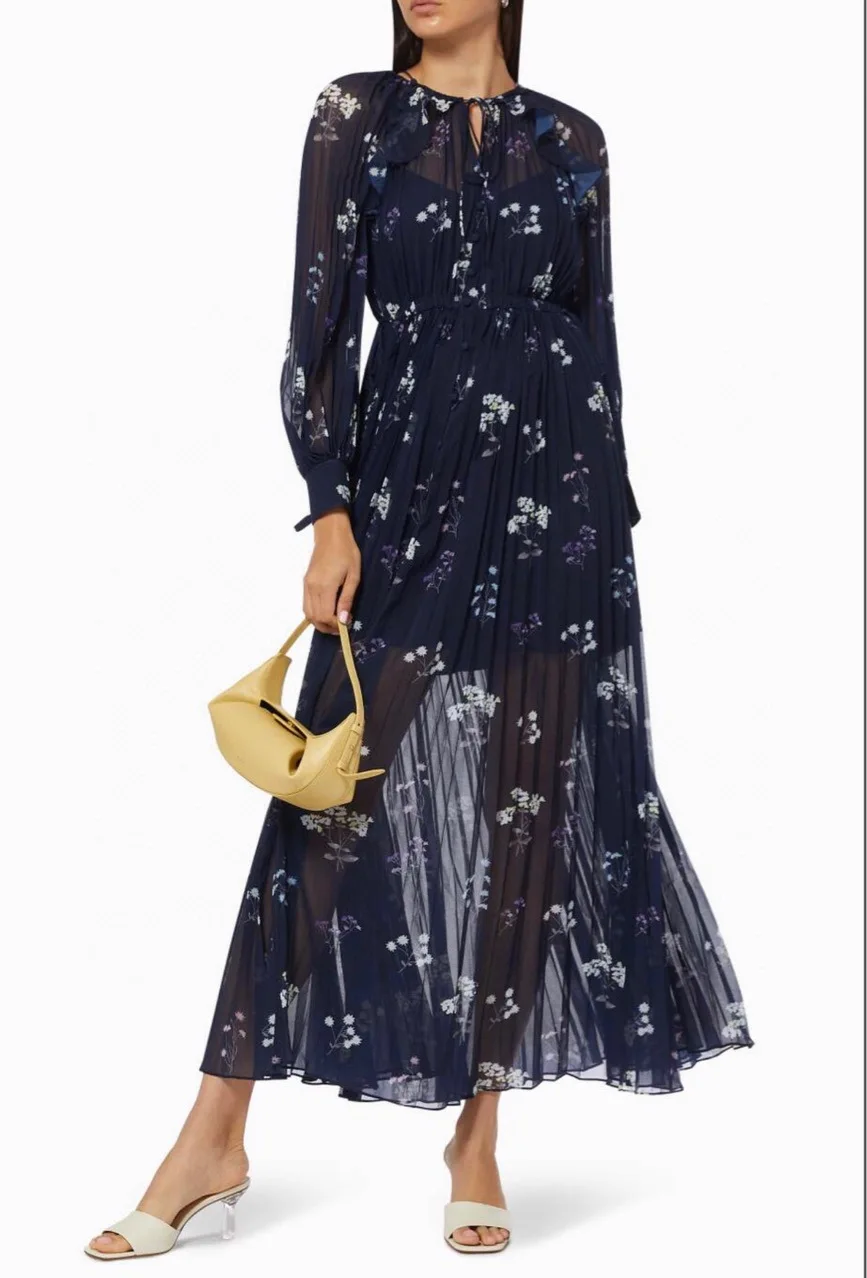 

Women's Retro Print Long Sleeve Dark Blue Pleated Midi Dress Two Ways Wear 2023 New