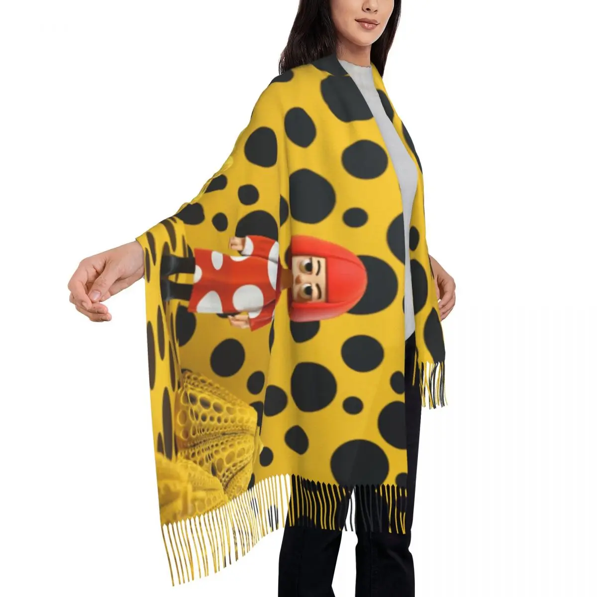 Stylish Yayoi Kusama Polka Tassel Scarf Women Winter Warm Shawls Wraps Lady Pumpkin Scarves 4