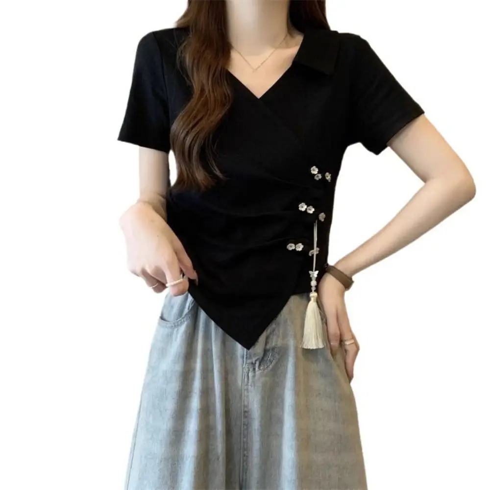 Tassel Pendant Irregular V-neck T-shirt Lapel Chinese Style Women's Slim Crop Tops Female Summer Tops Flower Button