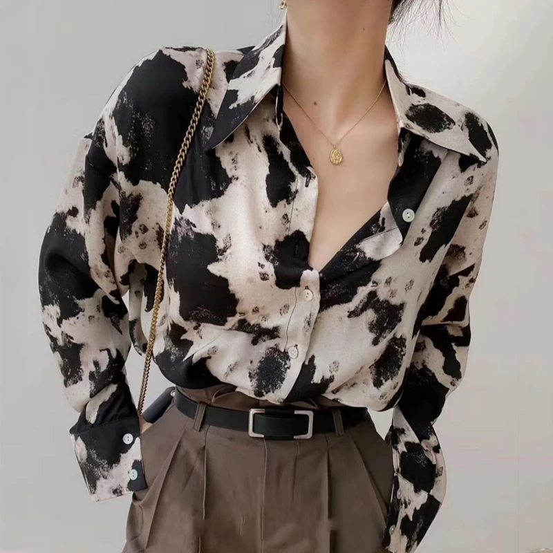 

Print Button Up Shirts Women Long Sleeve Blouse Korean Fashion Loose Clothes Chiffon Shirt Streetwear Tops Drop Shipping