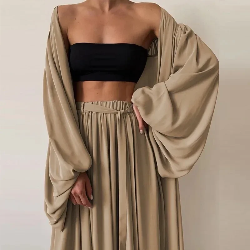 Women 3 Piece Sets Fashion Casual Lantern Sleeve Cardigan Tops+Wide Leg Pants Suits Lady Spring Soft Three Piece Outfit OFE07