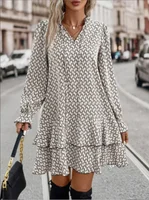 Plus Size 1XL-5XL Women Fashion Print Dress V-neck Casual Long Sleeve Party Flare Sleeve Ruffle Loose Dress - Image 3