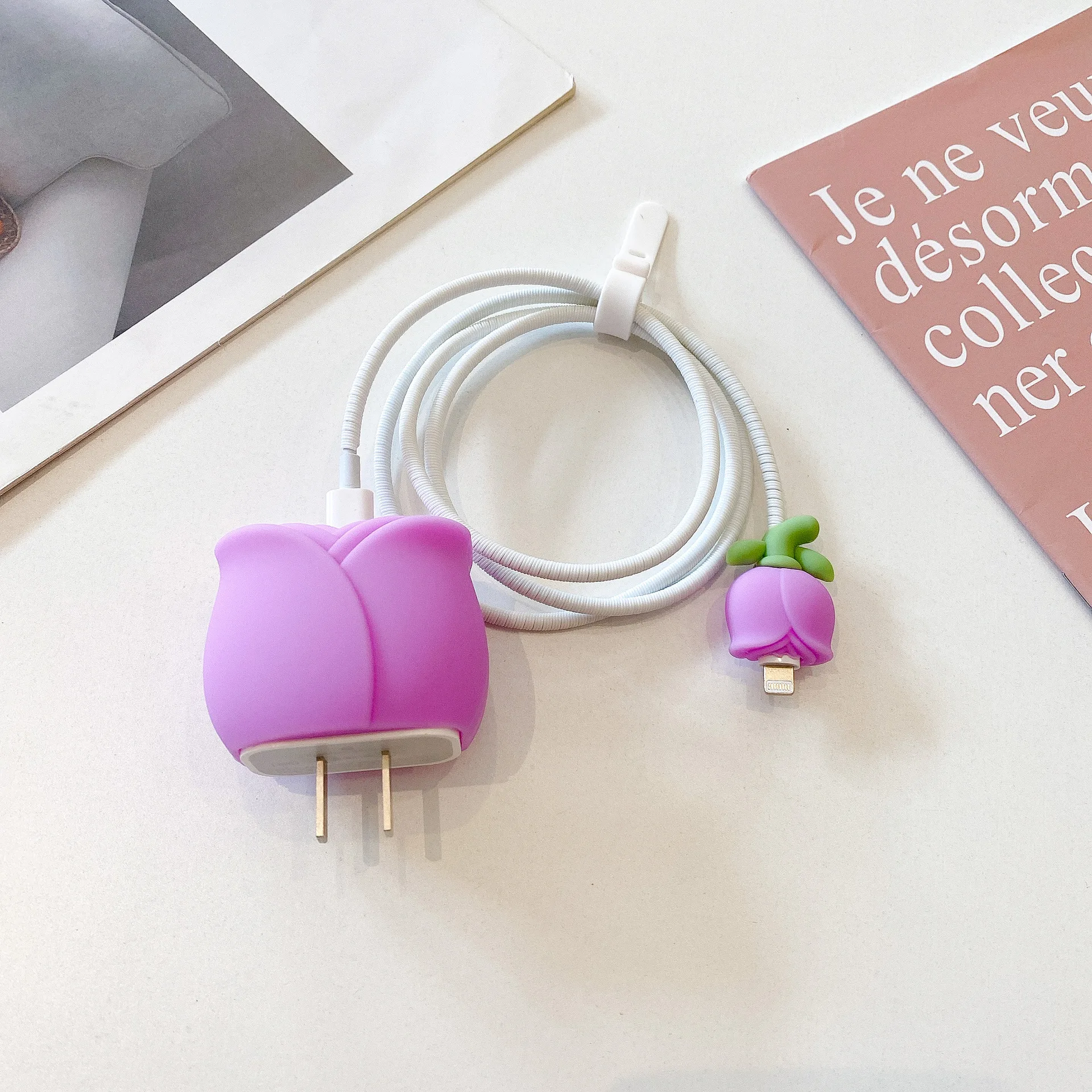 Protector De Cargador Y Cable Para IPhone - Kit Con Diseño De Flor Camelia 3D, Anti-mordeduras De Mascotas