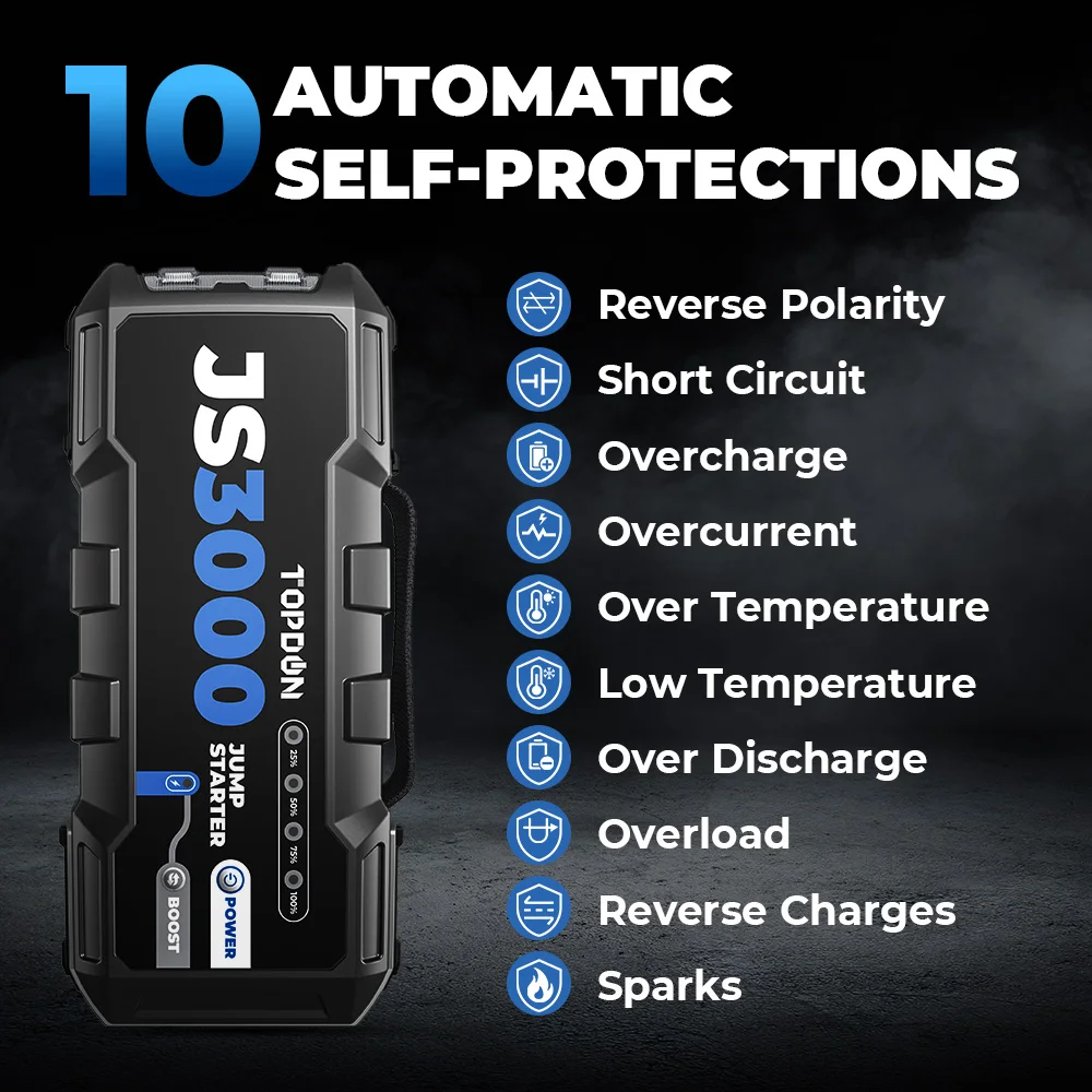 Car jump starter jump starter Topdon JS3000 3000A Jump Starter Power Bank 12V Car Starting Device 24000Mah Battery Jump Start for Booster For 9L Gas&7L Diesel
