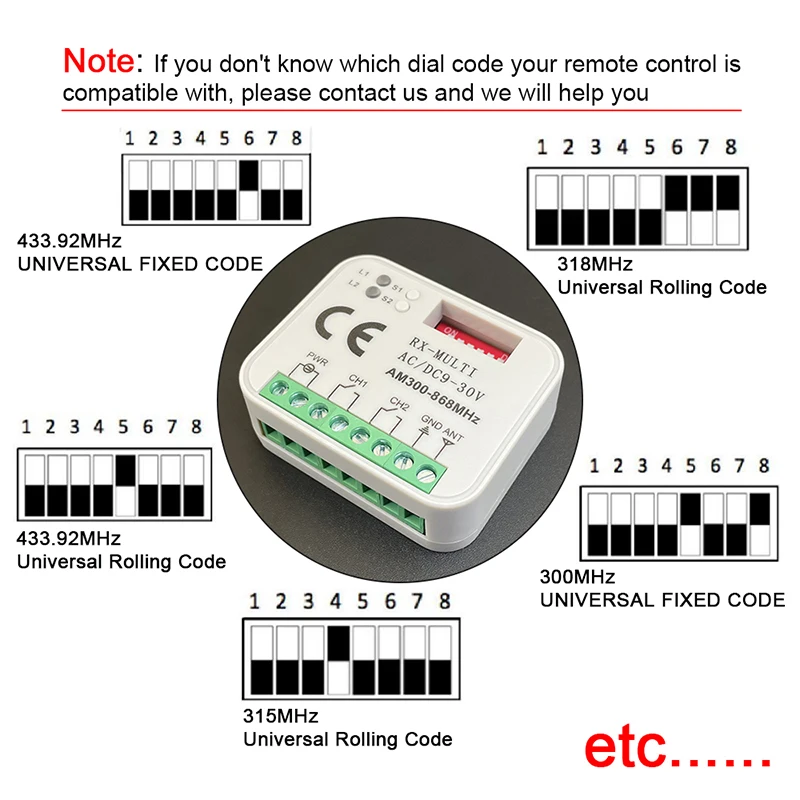 RX-MULTI Receiver Switch Controller AC/DC 9V-30V 2 Channels 300MHz to 868MHz 433MHz Garage Door Gate Remote Control Receiver