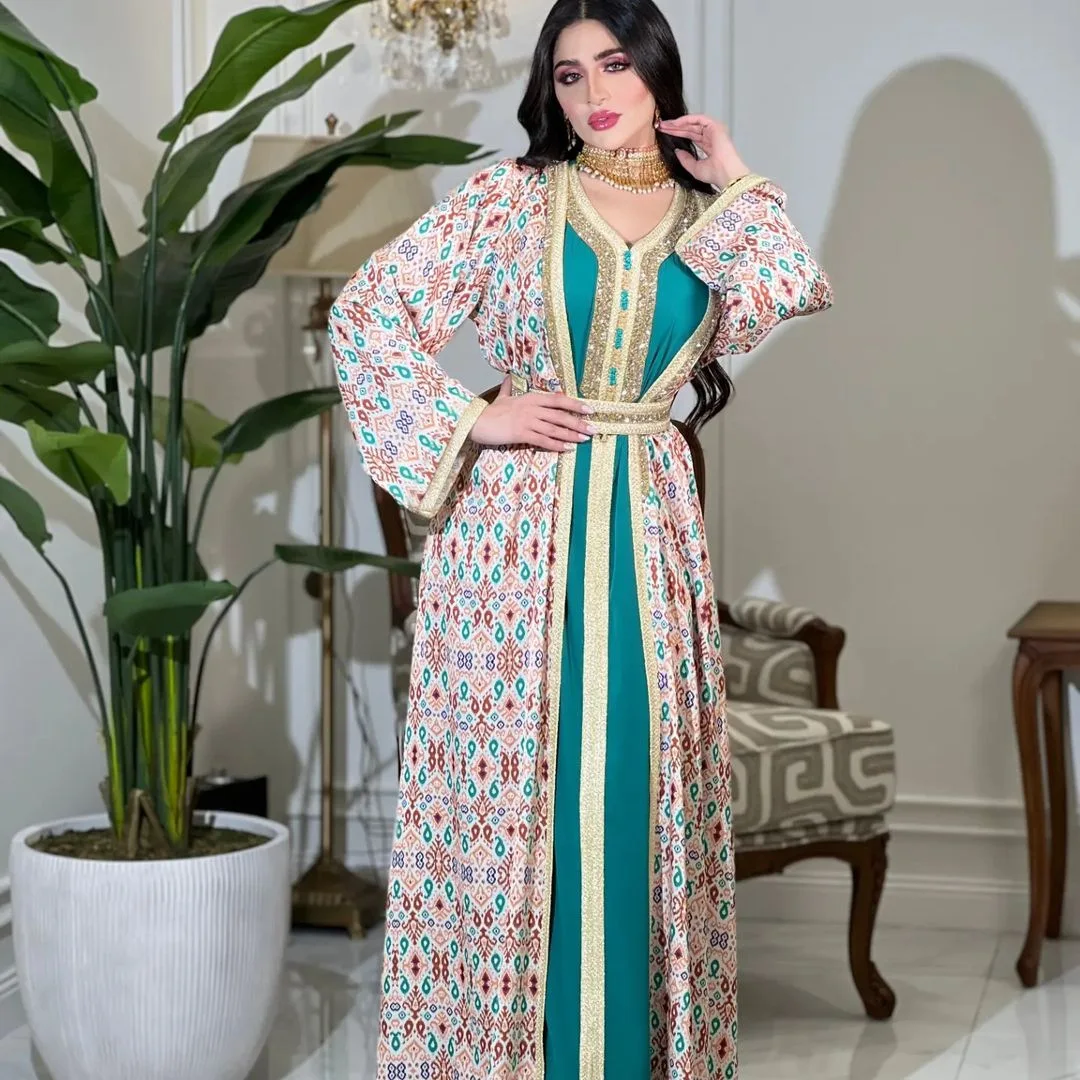 

Muslim Abayas Suits Women 2 Pieces Set Open Kimono Long Dress Evening Party Outfits Gown Ramadan Islamic Arab Cardigan Robe