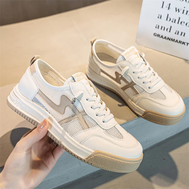 Spring And Autumn Genuine Leather Casual Sneakers Women's Breathable Mesh Lace Up Running Casual Outdoor Sports Casual Shoes