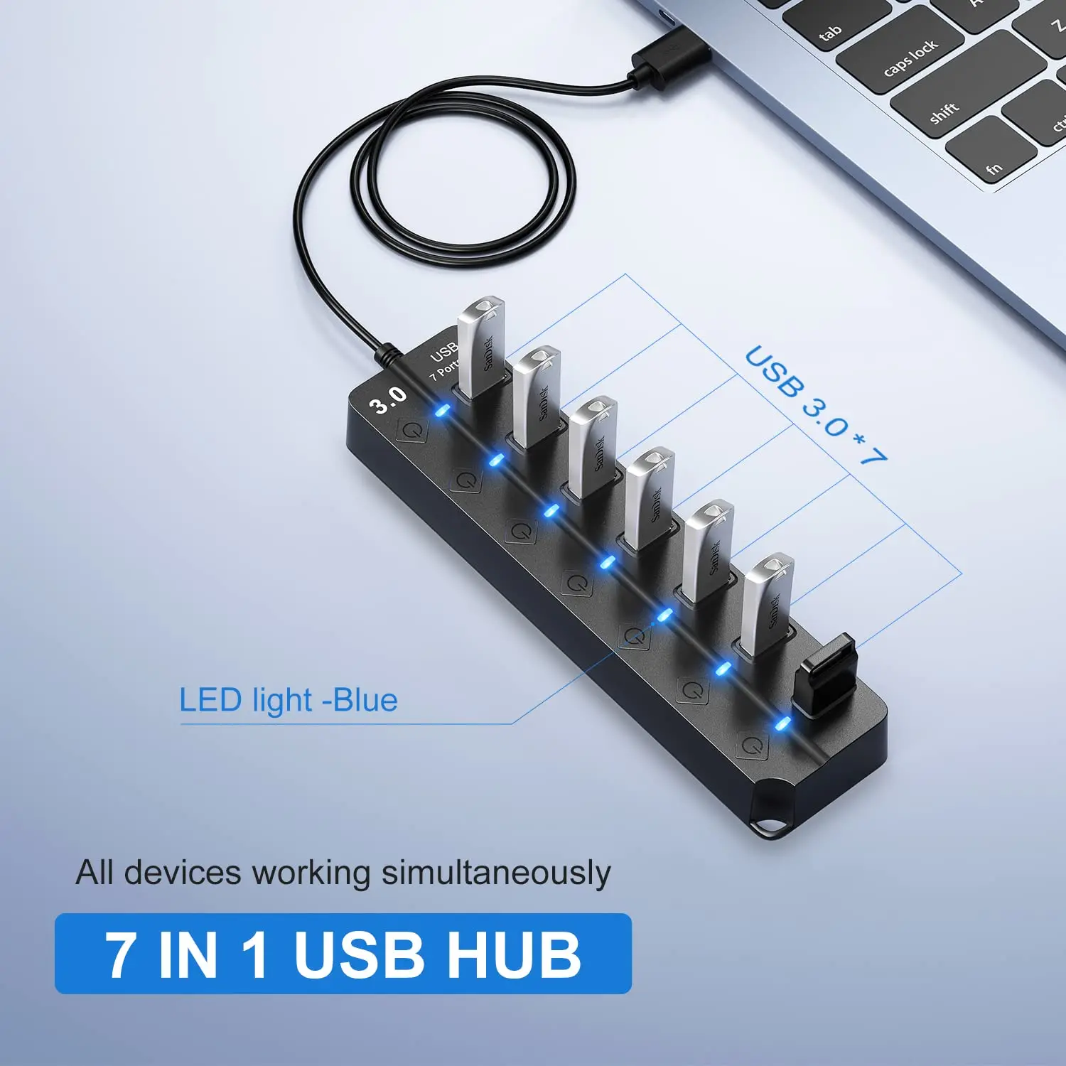 7-Port Usb 3.0 Hub with LED Lamp Switch Power Adapter 7 Poort Multiple  Expander Usb 3.0 Hub for Laptop PS4 PC Mobile HDD MacBook