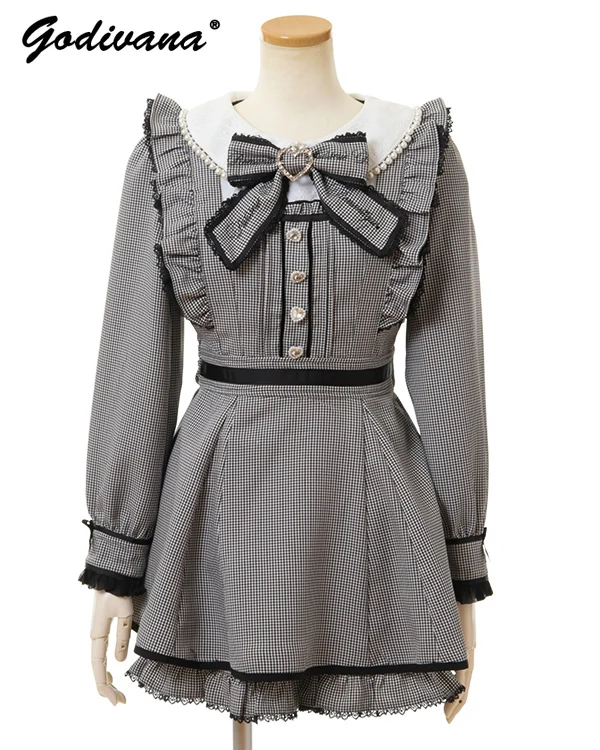 

Japanese Style Autumn New Liz Mine Mass-Produced Long Sleeve Bow Plaid Shirt Dress and Shorts Two-Piece Suit Women Outfits