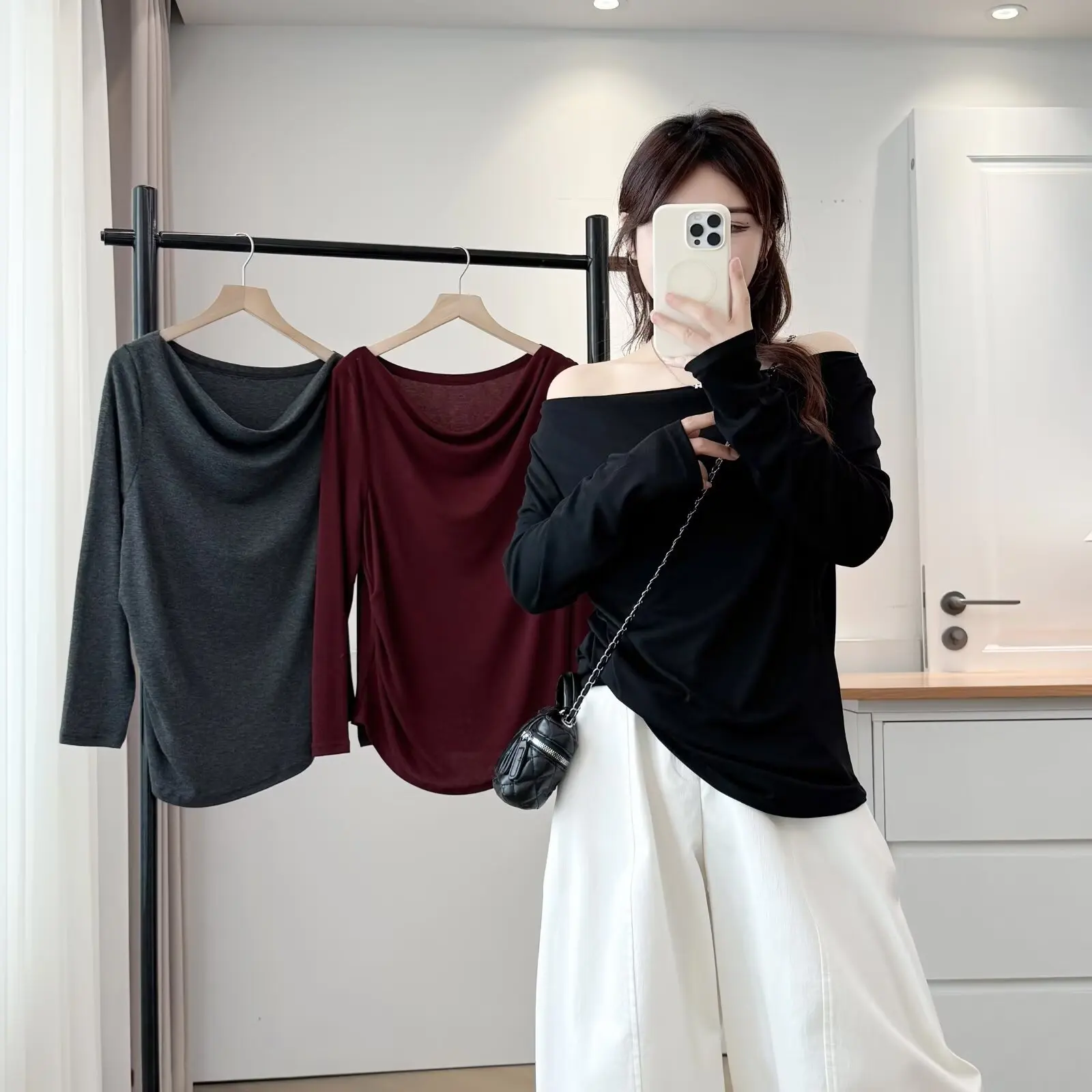 Fashion Plus Size Women's T-Shirt Autumn Style Off Shoulder Long Sleeved Solid Color Tops 019