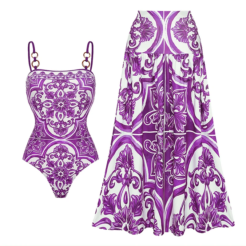 Flaxmaker Women Sexy Bikini Set Swimsuit Sling Classic Majolica Series Pattern Print One Piece Swimsui Summer Biquini Beachwear 1