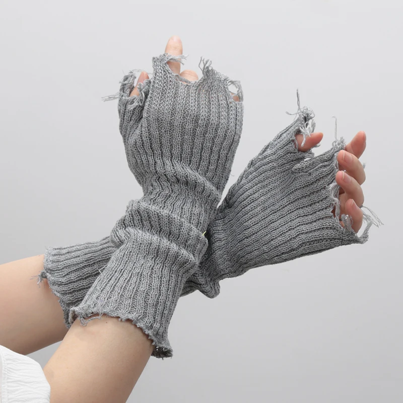 Fingerless gloves Girl Gloves Black Beige Tattered Punk Unisex Fingerless Cuff Knit Glove Women Men Elbow Mittens Broken Arm Warmer Gloves