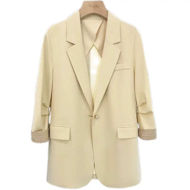 thin-beige-blazers-for-women-summer-spring-tailored-collar-plaid-cuff-wrinkled-sleeve-suit-coat-korean-office-ladies-outerwear