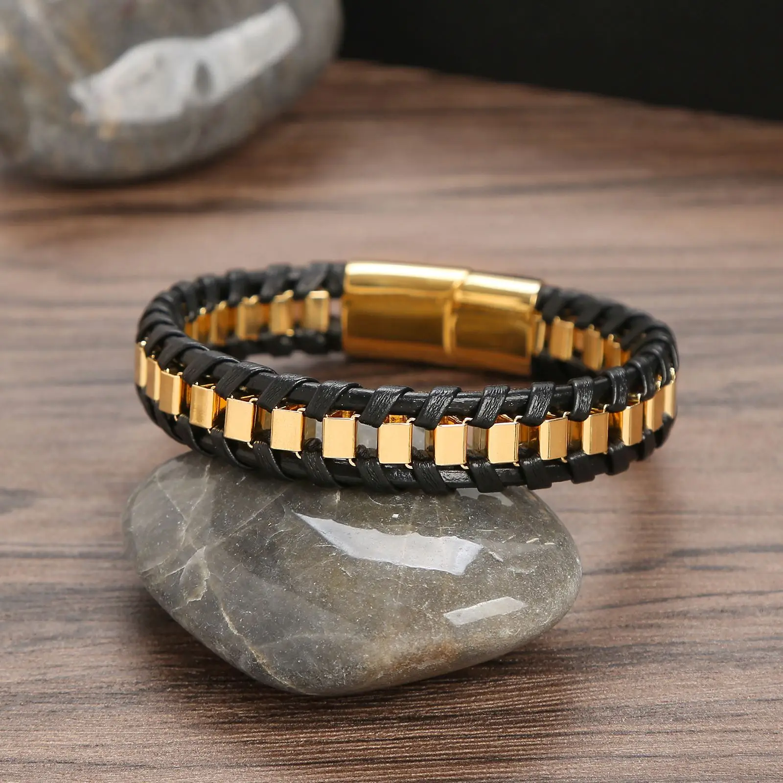 Classic Hand Woven Stainless Steel Leather Bracelets For Men Gold Black Color Charming Jewelry Punk Hip-Hop Bracelets Gift - Image 3