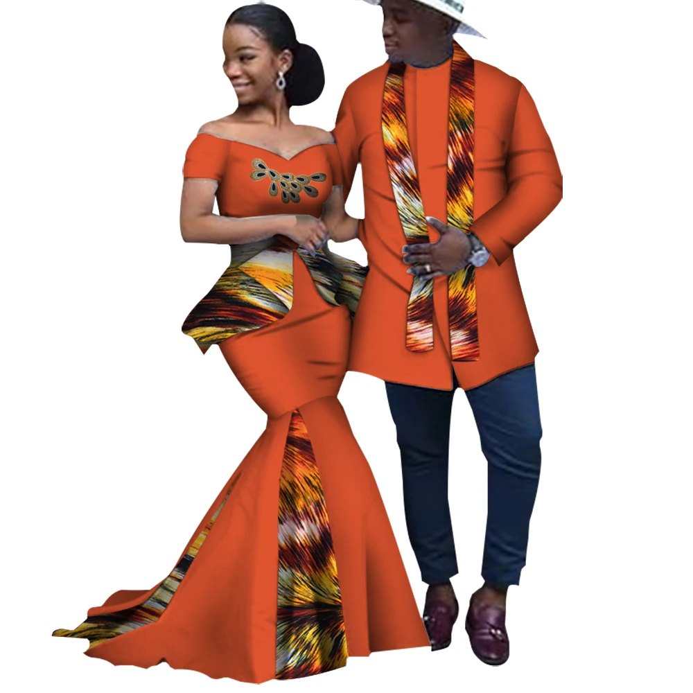 African Print Long Patchwork Dresses for Women Riche Men's Top Shirt Couple Clothing African Lovers Couple Clothes WYQ253