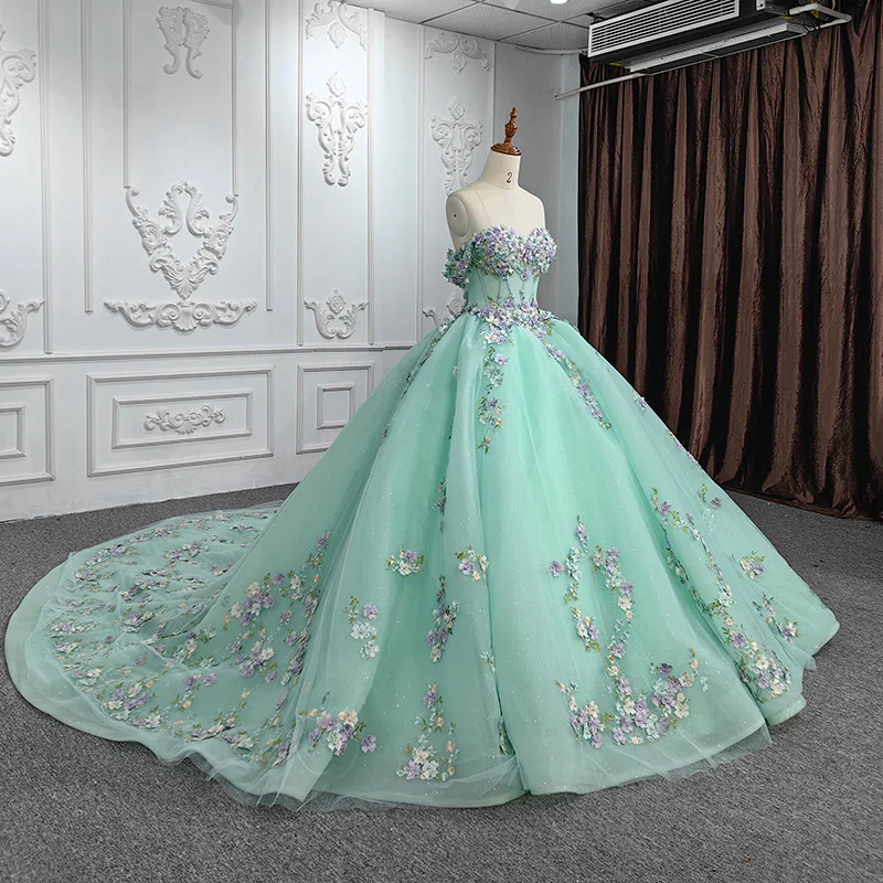 Ball Gown Off-the-shoulder Pleated Prom Dresses with 3D Flowers & Lace-up & Bow & Pearls