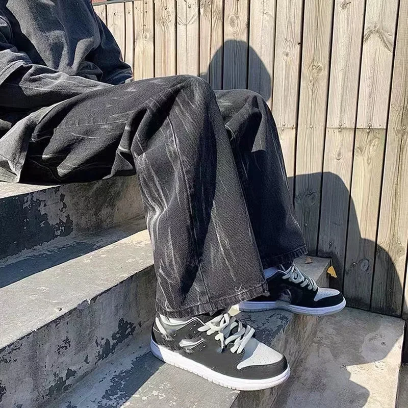 

Мужские джинсы в стиле хип-хоп, темно-синие джинсы с широкими штанинами и нейтральными брызгами чернил в стиле ретро, свободные прямые джинсы-карго, уличные мешковатые брюки, 2023