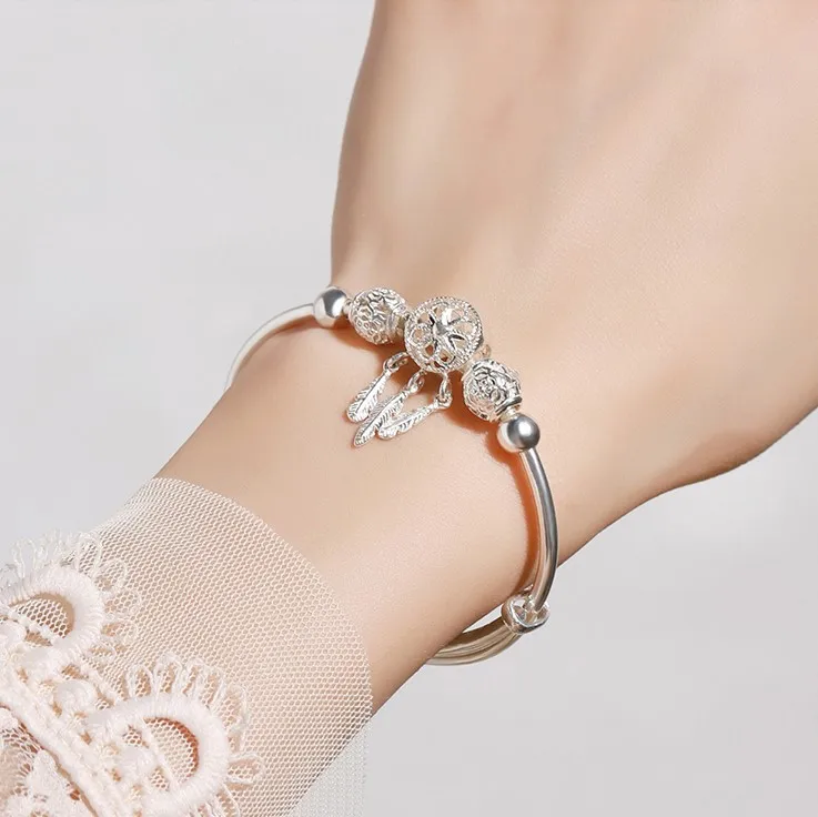 Silver Color Dreamcatcher Tassel Feather Lucky Bead Bracelet Bangle for Women Fashion Original Party Wedding Jewelry Gift - Image 4