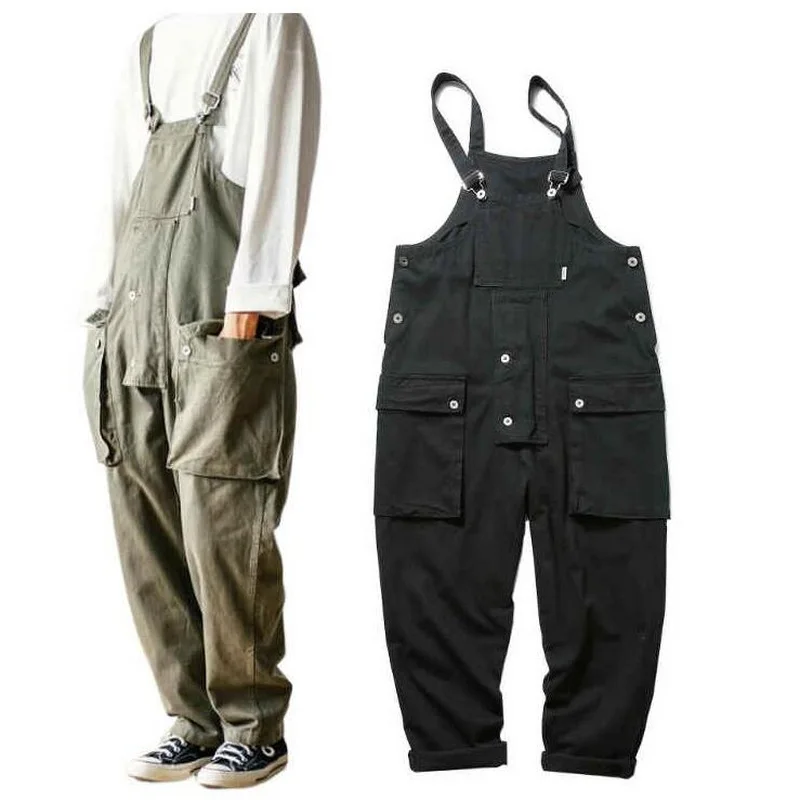 

Japanese Styles One-piece Cargo Bib Pants Men's Loose Jumpsuits Women Overalls