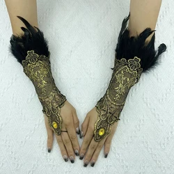Natural Feather Gold Lace Long Gloves Women Party Sexy Fingerless Gloves 2022 Exaggerated Lace Fishnet Gloves Y2k Accessories