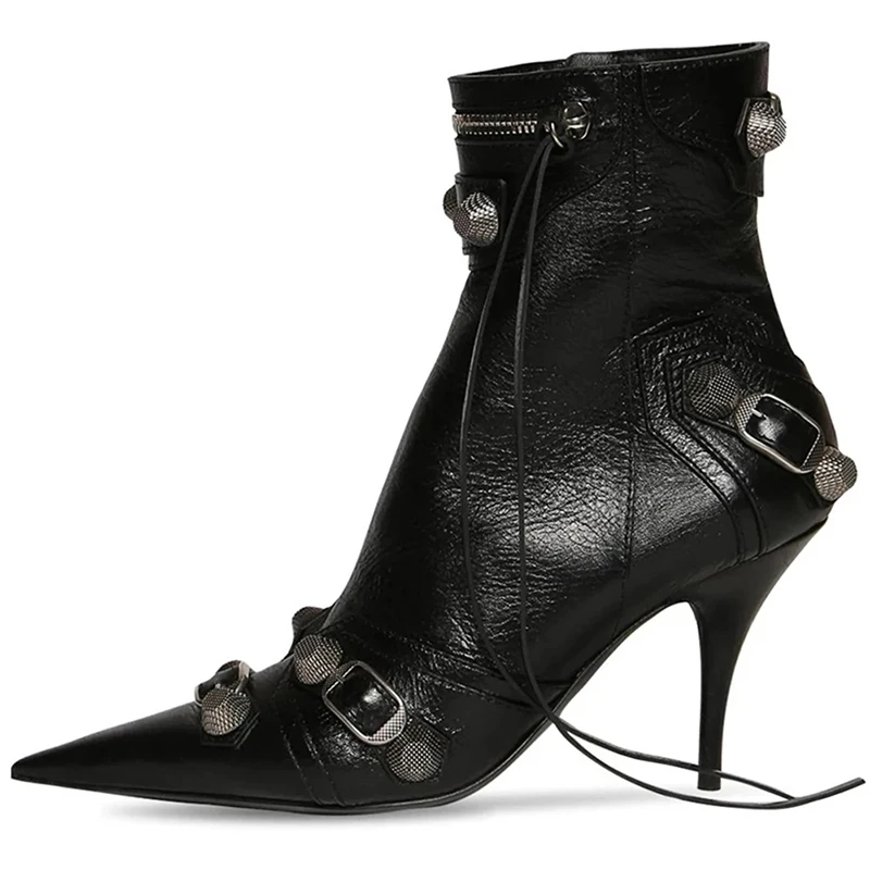 

New Women Slim High Heel Metal Buckle Chain Luxury Shoes Fashion Motorcycle Pointed Toe Ankle Boots Stiletto Rivet Short Boots