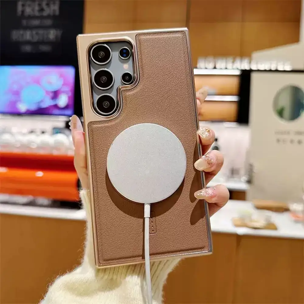 Electroplated Leather Magnetic Phone Case with Wireless Charging and Shockproof Protection
