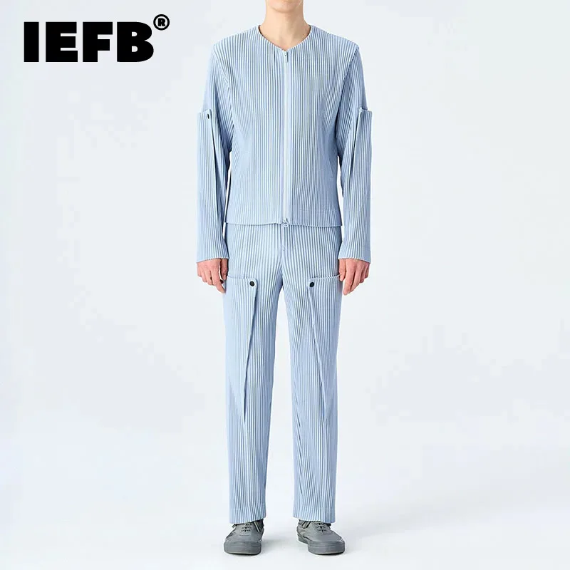 

IEFB Men's Trousers Solid Color Pleated Mid Rise Straight Through Sexless High Elastic Sports Casual Fold Pant Autumn New 9C3112