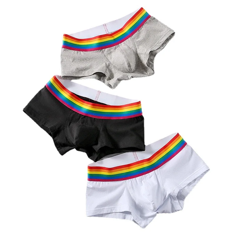 New Arrival 3pcs Sexy Men's Boxer Shorts Underpants Male Cotton Solid  Underwear Rainbow Strap Breathable Young Man Sexy Panties