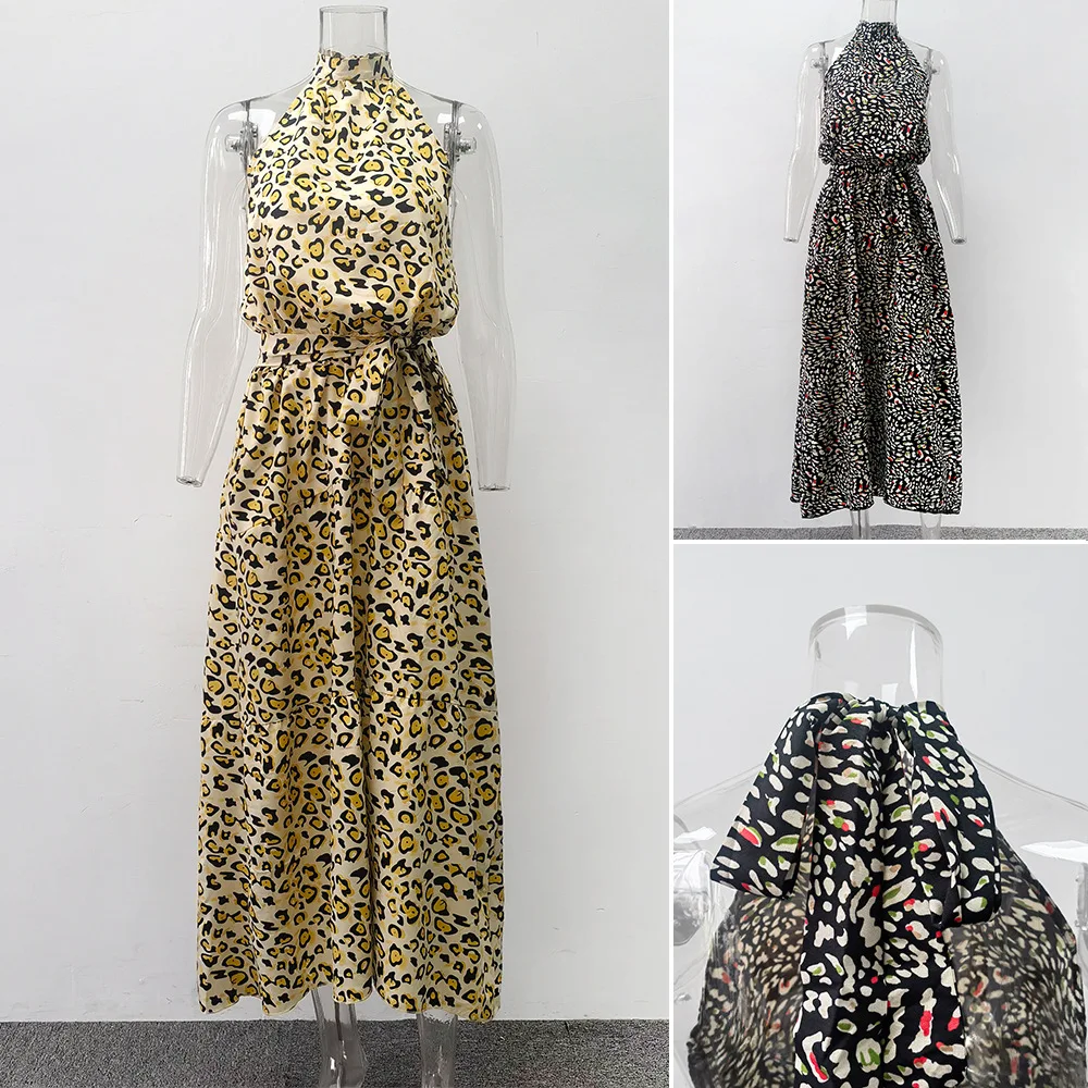 

Vacation Style Beach Dress Women's European and American Women's Clothing Leopard Print Backless Lace-up Summer New Halter Dress
