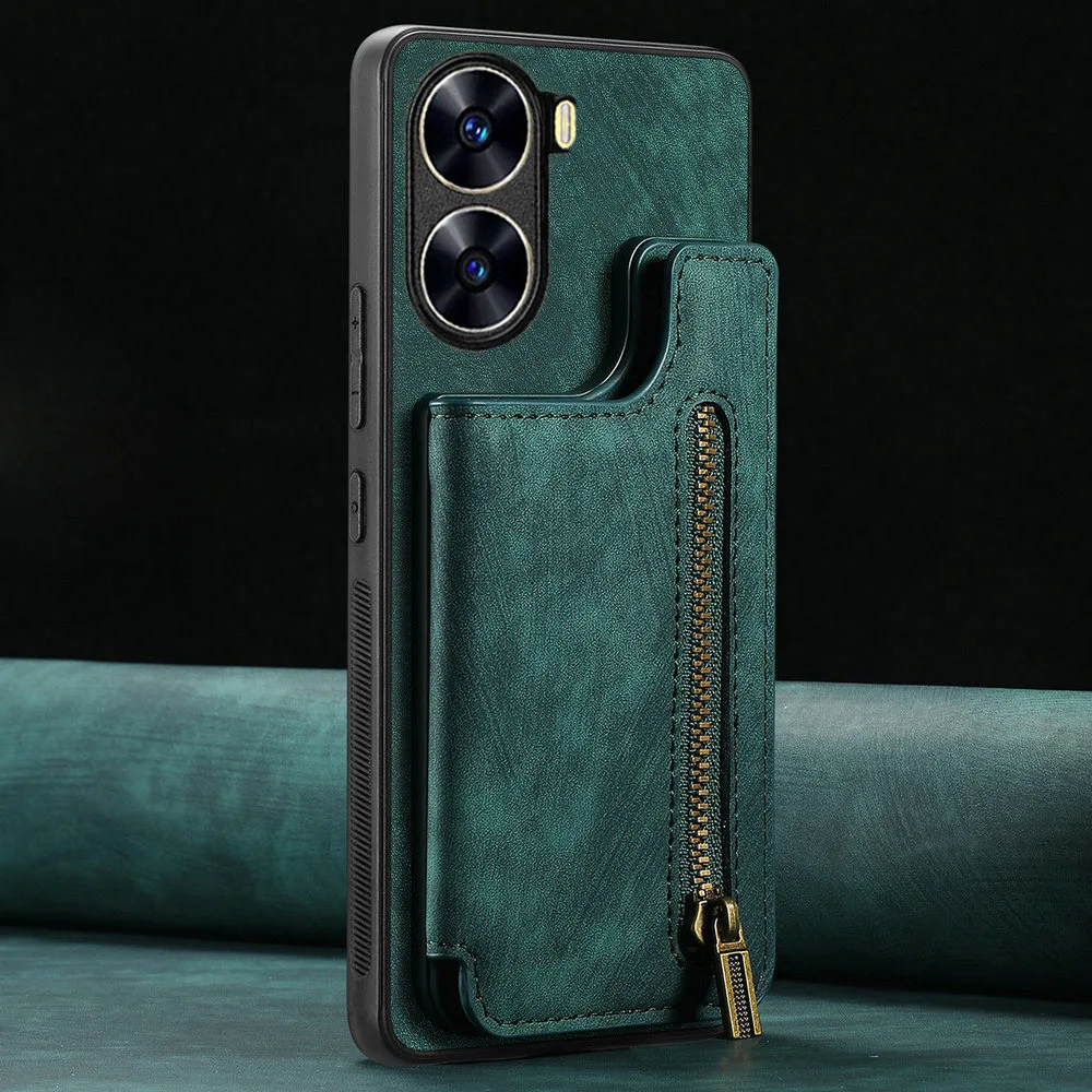 Zipper Leather Card Case with Magnetic Phone Holder and Back Cover