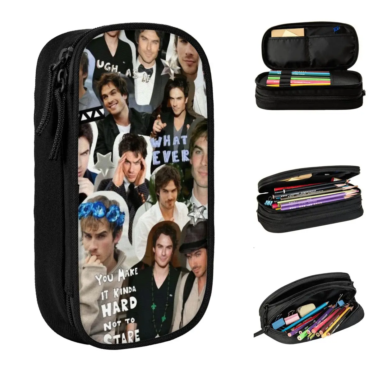 

Large Capacity Pencil Pouch Damon Salvatore Collage School Vampire Diaries Horror Movie Double Layer Pencil Box Girl Make Up Bag