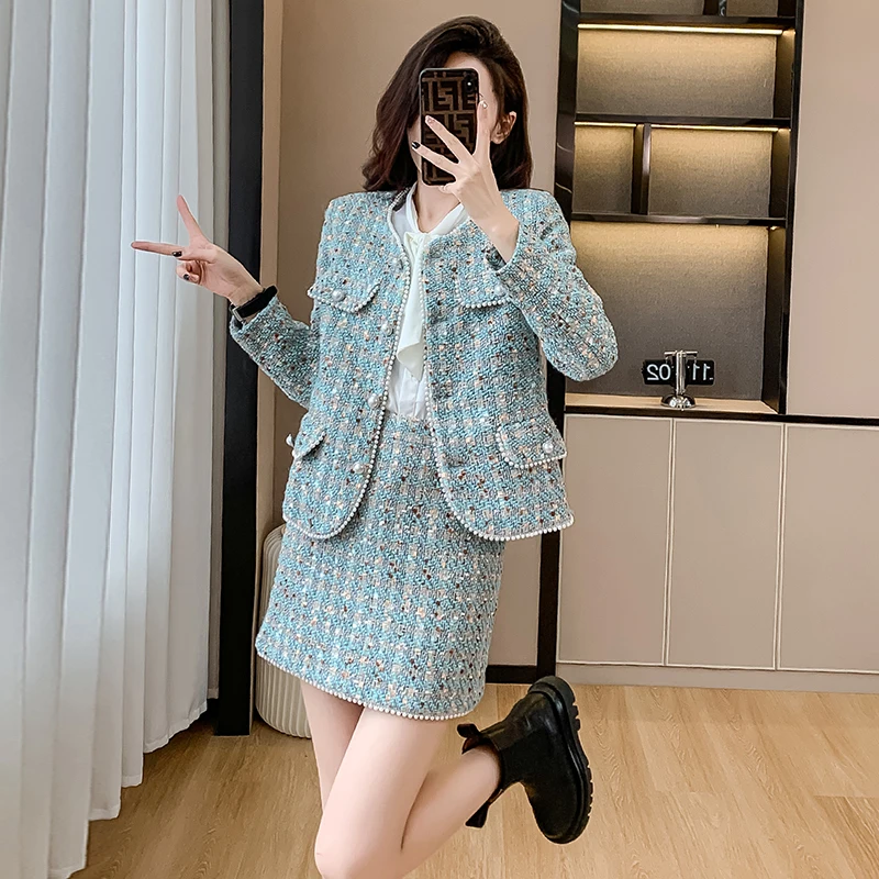 ジャケット・アウター tweed over jacket / mini skirt Autumn Winter High Quality New Blue Tweed Two-Piece Set