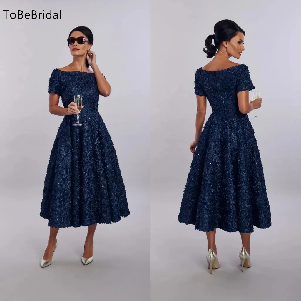 

Elegant Navy Blue Lace Bride Mother Dress Short Sleeve Crystal Pleated Wedding Guest Gown A-Line Formal Tea Long Evening Dresses