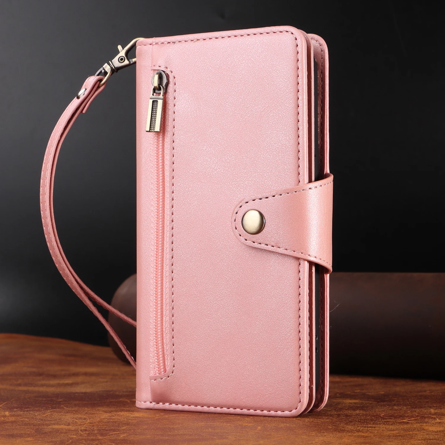 Universal Multi-Card Leather Wallet Case with Zipper, Kickstand, and Magnetic Closure