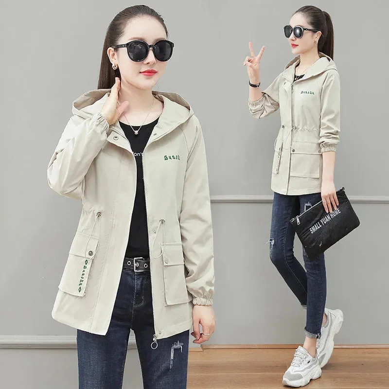 

2024 New Women's Jacket Spring Autumn Pocket Zipper Long Sleeve Hooded Outwear Coat Loose Sport Windbreaker Jackets Famale