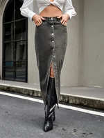 Benuynffy American Streetwear Button Front Denim Skirt Women's Autumn New Retro Fashion High Waist Straight Jean Long Skirts 1