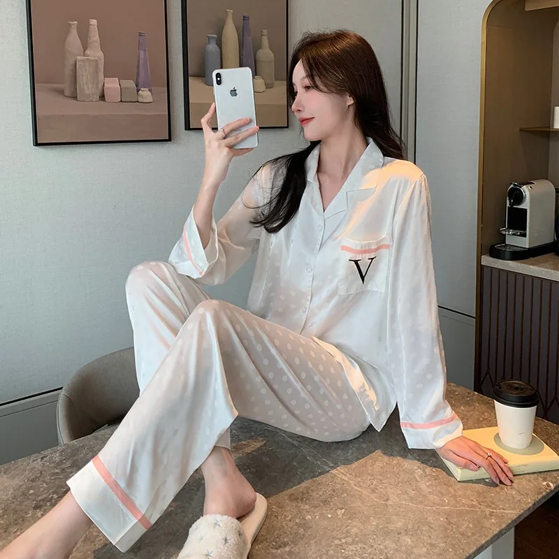 Pajamas women's long-sleeved silk tops trousers suit high-end fashion luxury two-piece home clothes nightclothe for sleepwear