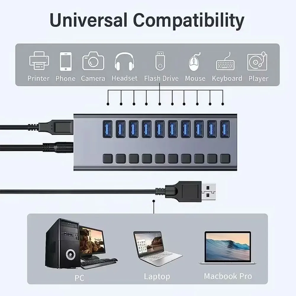 High-Speed 7-Port USB 3.0 Hub with Independent Switches and 12V Power Adapter