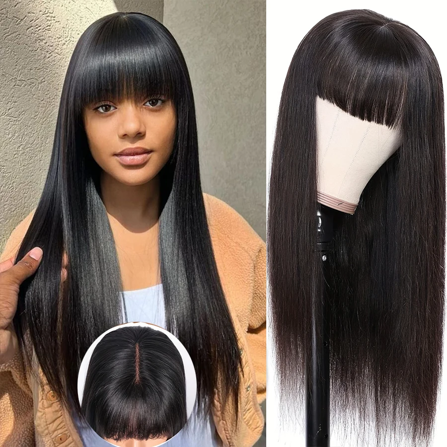 

Bone Straight Wig With Bang 3x1 HD Lace Closure 30 Inch Human Hair Bob Wig Full Machine Made Fringe Glueless Wigs