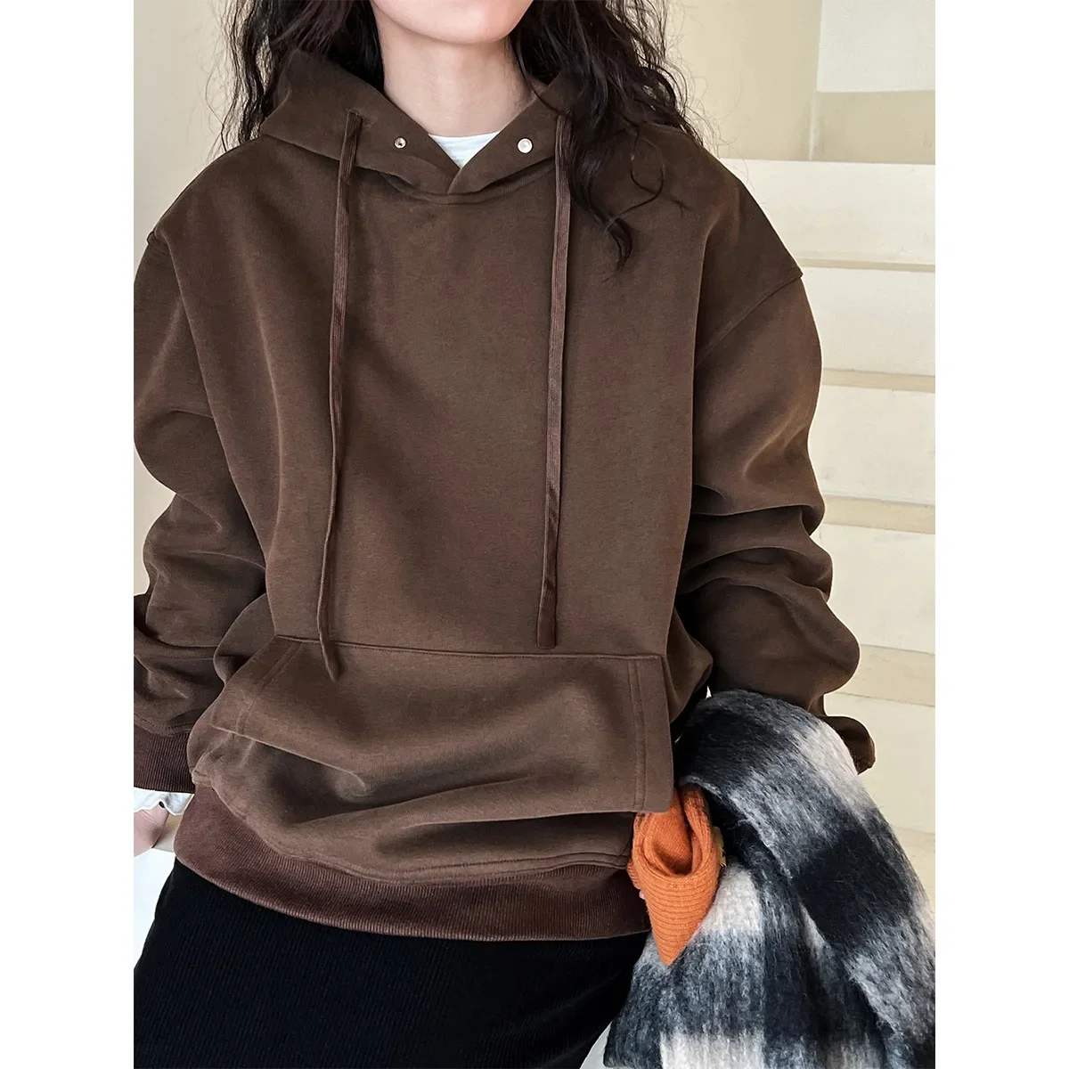 

Женский пуловер с капюшоном, коричневый осенне-зимний пуловер с кулиской в японском минималистском стиле, 2023