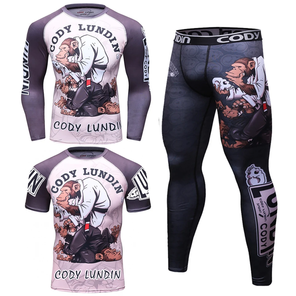 Rash Guard Jiu Jitsu T-shirts+Pants Sets Rashguard For Men Kickboxing Perspiration Gym Training MMA Boxing Kit Muay Thai T-shirt 4