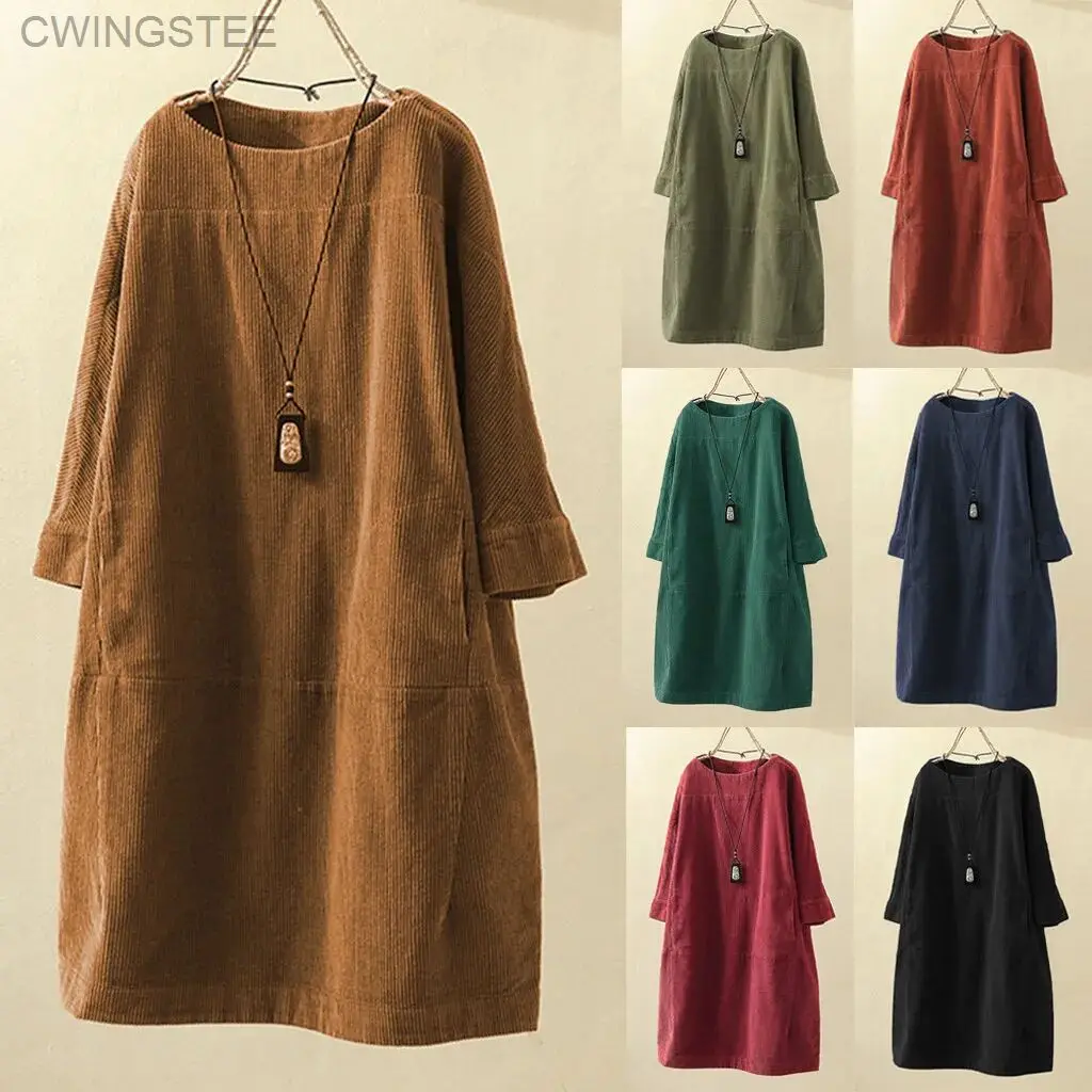 

Women Vintage Pockets Corduroy Solid Color Long Sleeve Loose Casual Dress vestido feminino party dresses Women's dress Платья