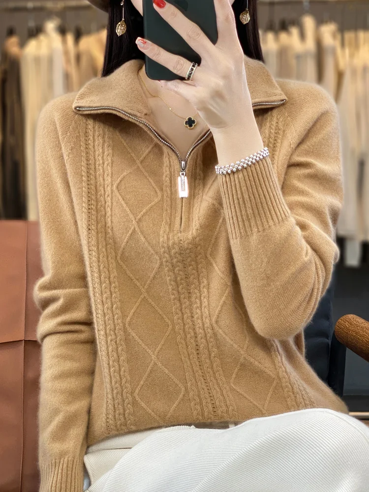 여성용 지퍼 울 풀오버, 턴다운 칼라, 두꺼운 캐시미어 스웨터, 100% 메리노 울 니트웨어, 마름모 뜨게 탑, 가을, 겨울