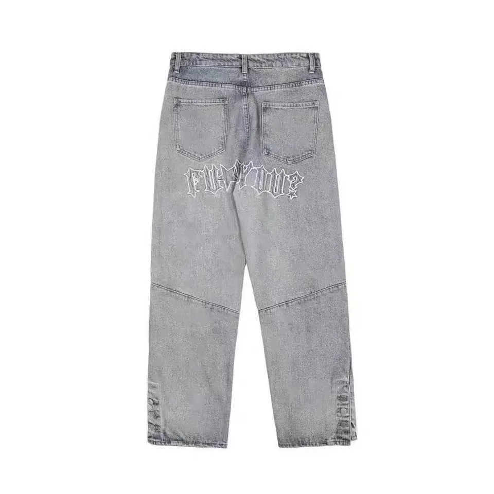 2022 New Fashion Letter Embroidery Vintage Men Baggy Jeans Trousers Ankle Button Distressed Hip Hop Denim Pants Luxury Pantalon