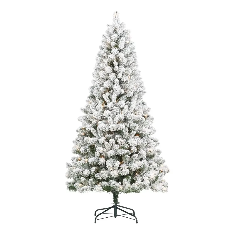 

6.5 ft Pre-Lit Flocked Frisco Pine Artificial Christmas Tree, 250 Clear Lights, Green, White Christmas Trees