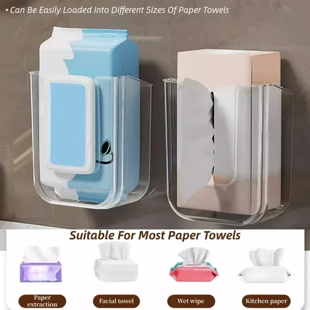 Boîte de rangement murale pour mouchoirs humides, support en plastique auto-adhésif avec grande ouverture pour salle de bain, boîte de rangement pour mouchoirs, organisateur 2