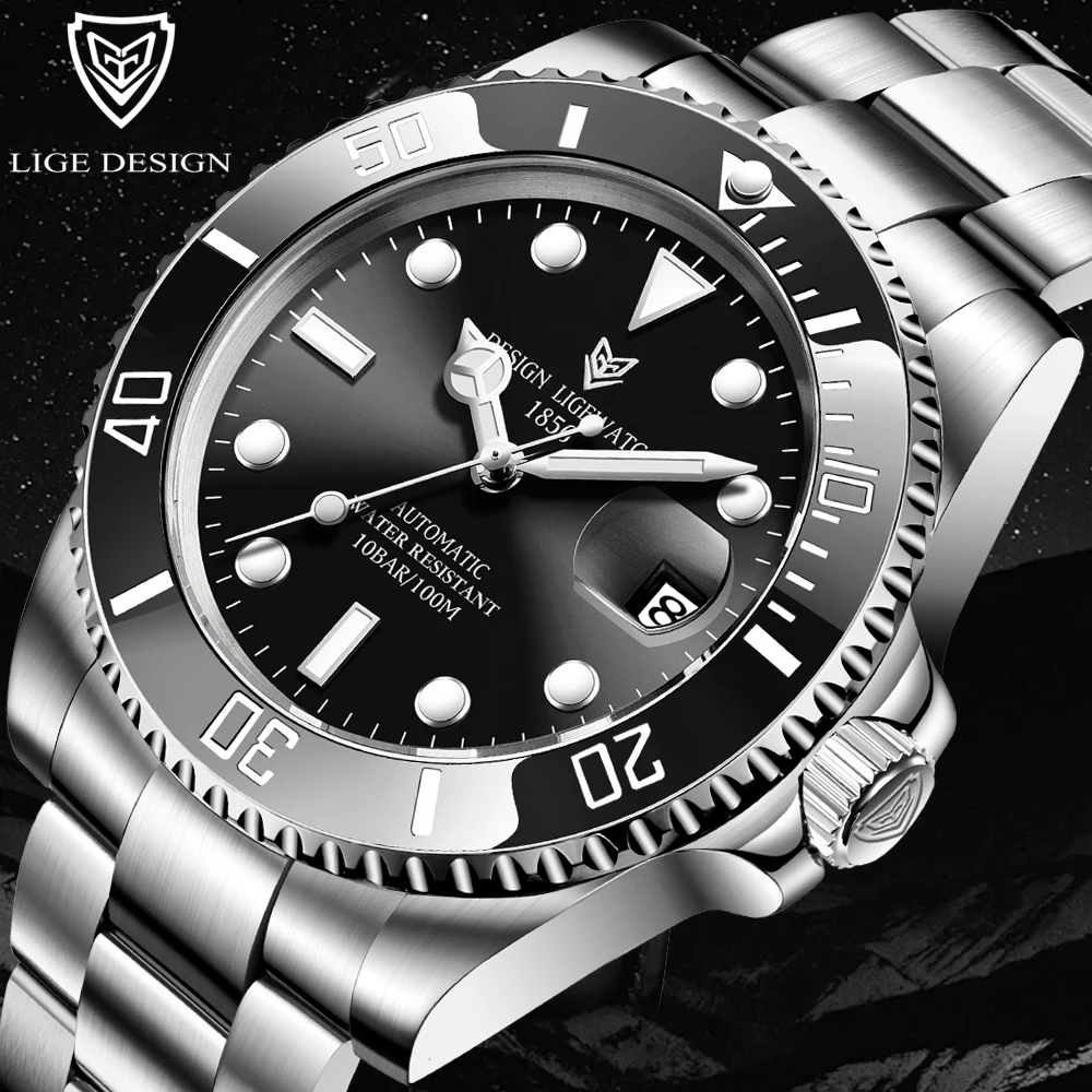 LIGE Mens Watches Top Brand Luxury 5ATM Waterproof Luminous Mechanical Wristwatches For Men Fashion Business Automatic Watch Men