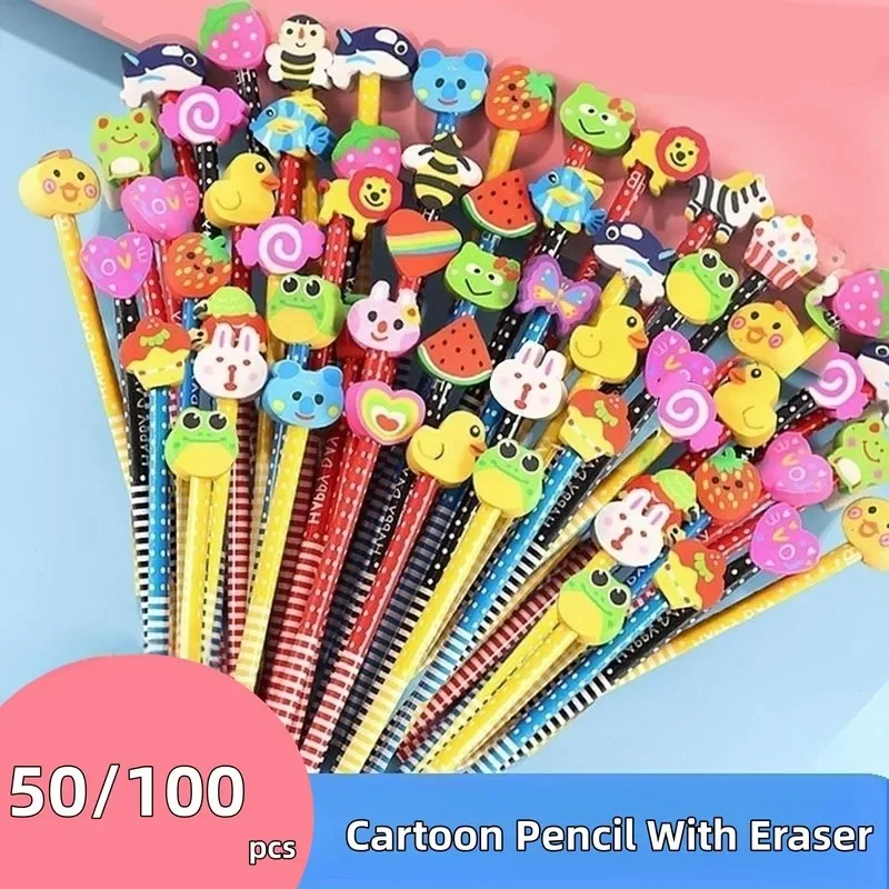 

Cute School 50/100pcs Supplies Pencils Writing Cartoon Drawing Student With Kawaii Pen Stationery Wooden Eraser Pencil