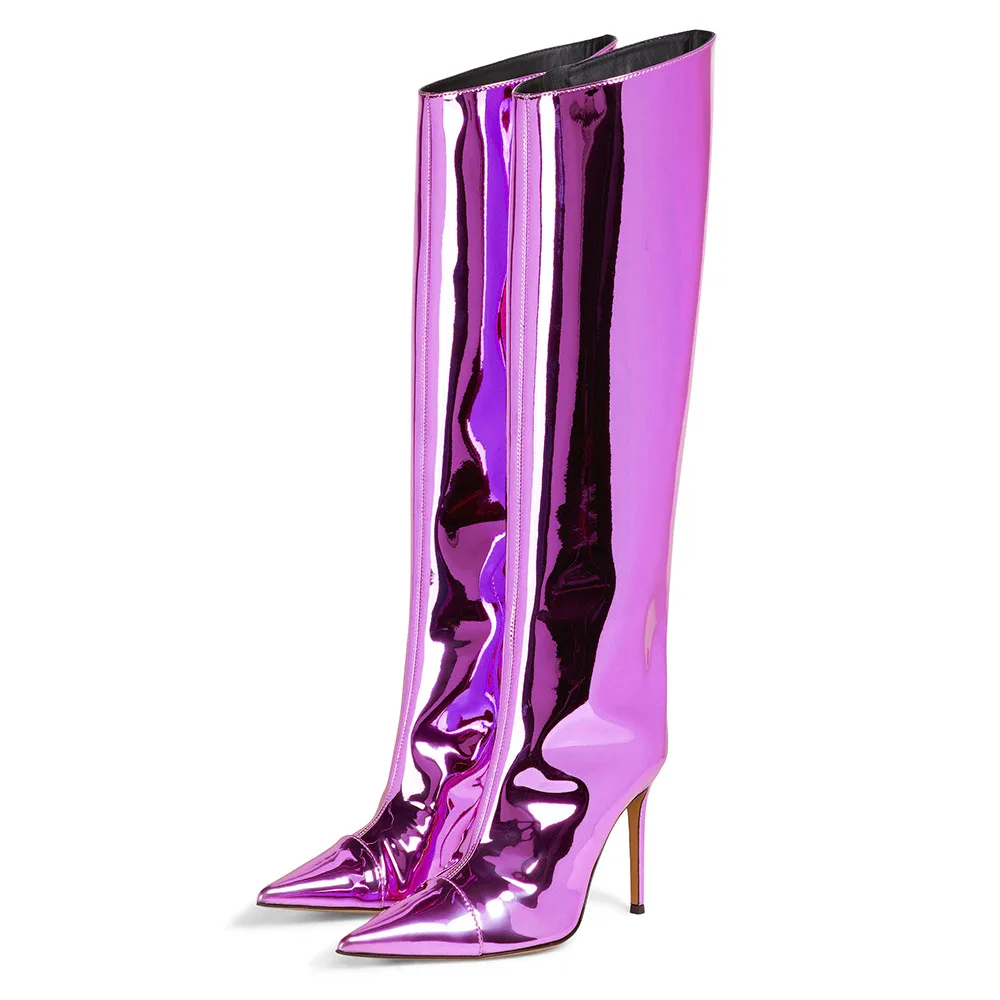 

Pointed Toe Patent Leather Boots Thin Heel Knee High Boots Winter Women Shoes Hot Sale Big Size Sexy Luxury Botas