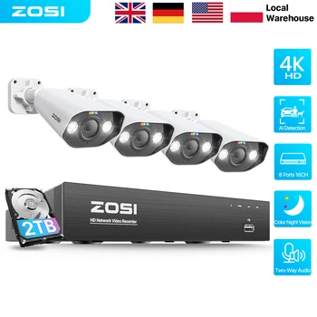 ZOSI 8MP/5MP PoE CCTV Security Camera System 8 Ports 16CH NVR AI Detection 2-Way Audio 4K/3K Video Surveillance IP Cameras Set 1